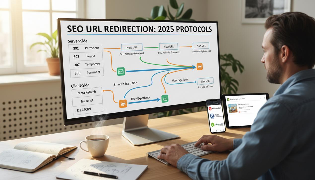 Bureau moderne avec ordinateur affichant un schéma détaillé des redirections dURL SEO pour webmasters en 2025, intégrant les logos WordPress, Redirection, Yoast SEO et Shopify.