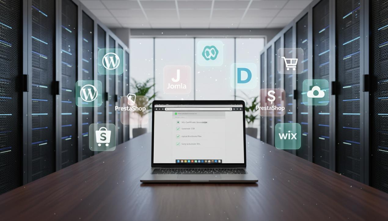 Salle serveur moderne avec ordinateurs et écran affichant installation SSL et logos WordPress Joomla Drupal PrestaShop Cloudflare Shopify Wix pour redirection HTTPS 2025.