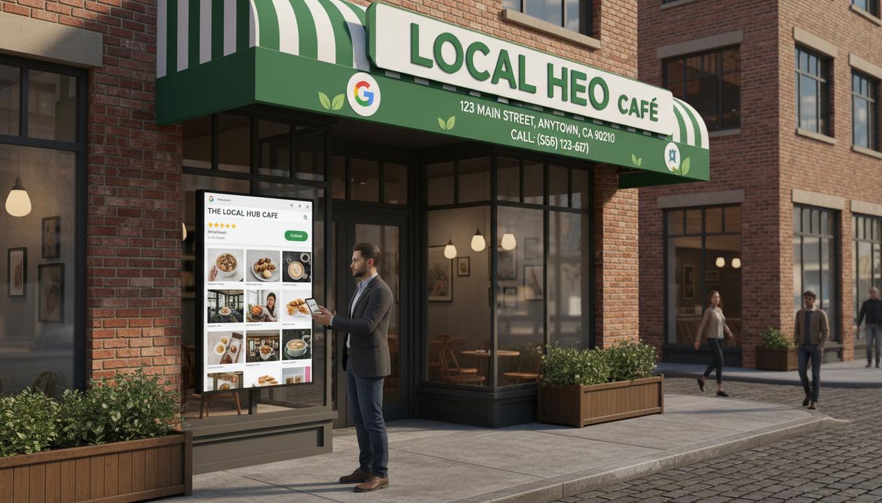 Façade d'un commerce local dynamique en 2025 avec interface Google Business Profile et logos d'outils numériques visibles.