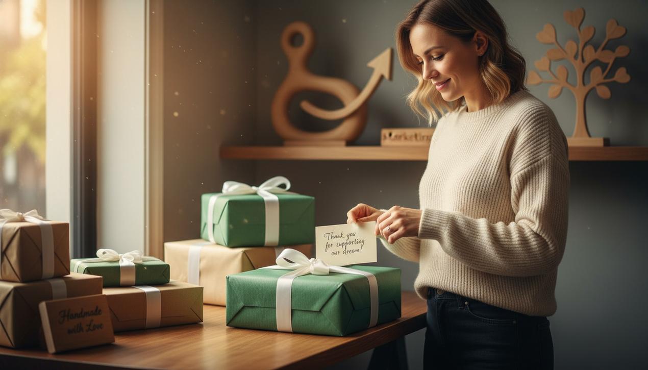 Un employé place une carte de remerciement manuscrite dans un colis soigneusement emballé dans une boutique chaleureuse et accueillante avec une lumière naturelle douce.