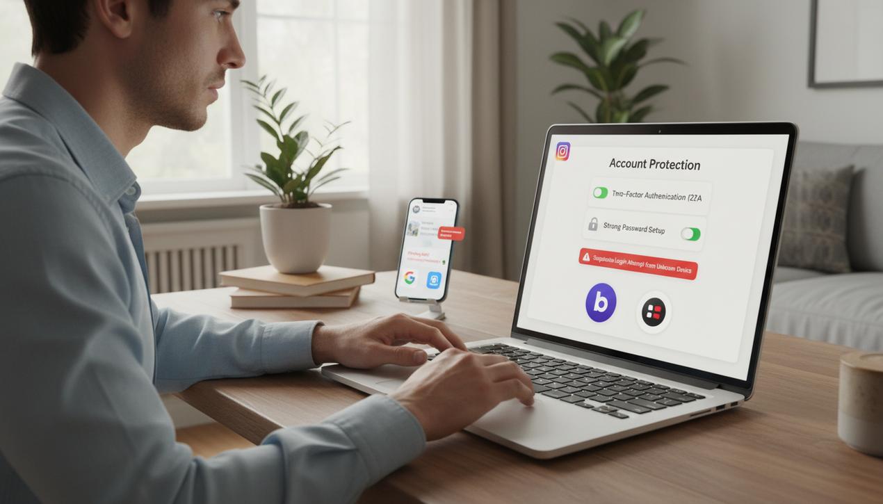 Jeune professionnel concentré sur un ordinateur portable sécurisant son compte Instagram avec authentification à deux facteurs dans un bureau lumineux et moderne.