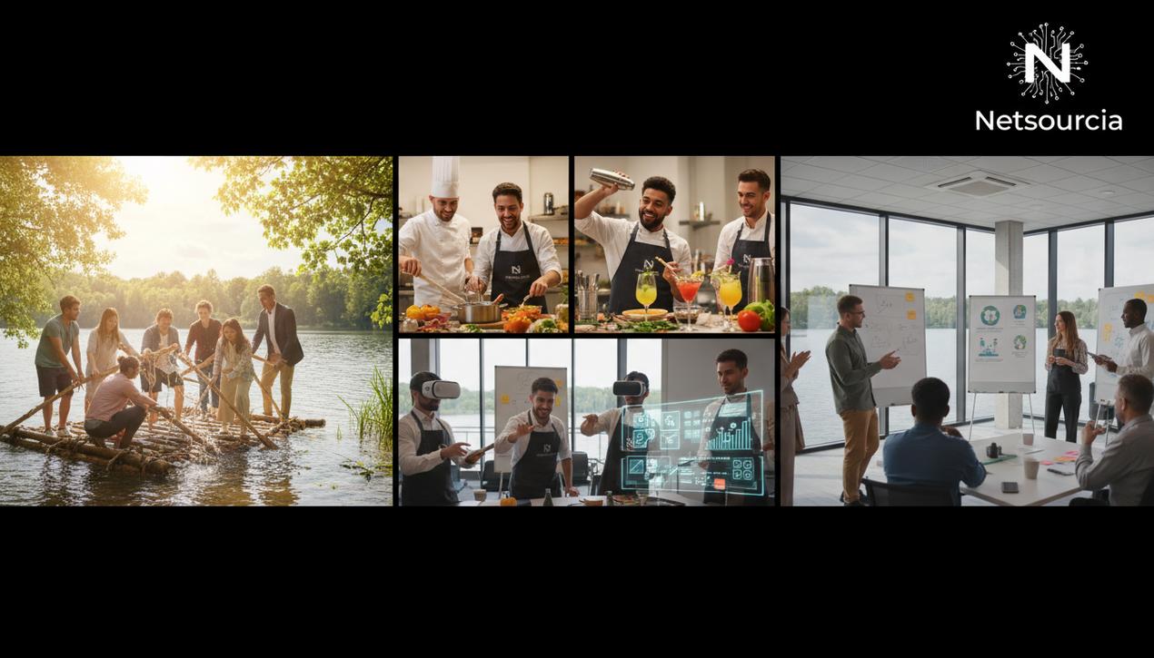 Scène de séminaire d'entreprise 2025 alliant activités culinaires, jeux immersifs et ateliers collaboratifs en plein air et salle moderne.