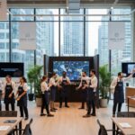 Séminaire d'entreprise moderne en 2025 avec équipes collaborant autour de cuisine, escape game, mixologie et activité VR dans un espace lumineux et convivial.