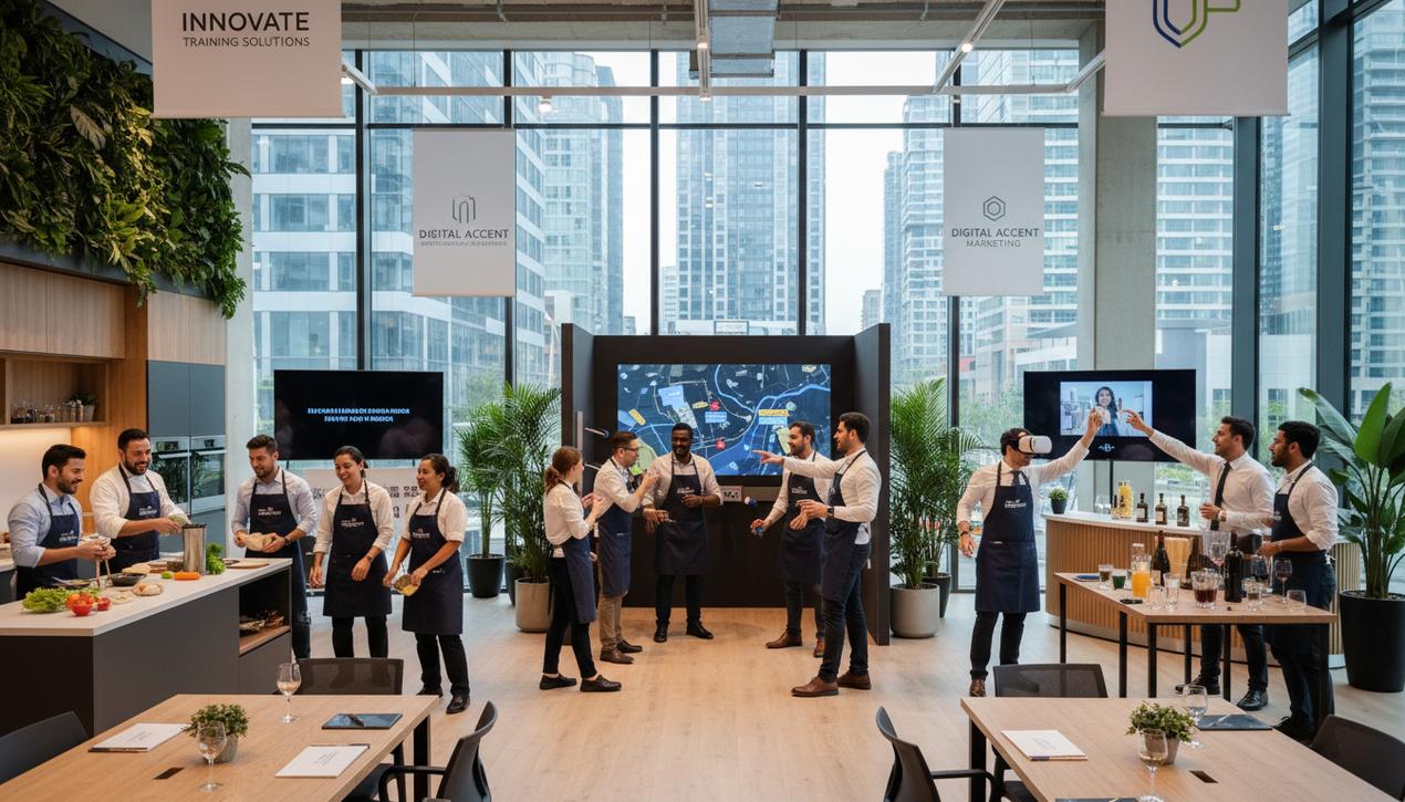 Séminaire d'entreprise moderne en 2025 avec équipes collaborant autour de cuisine, escape game, mixologie et activité VR dans un espace lumineux et convivial.