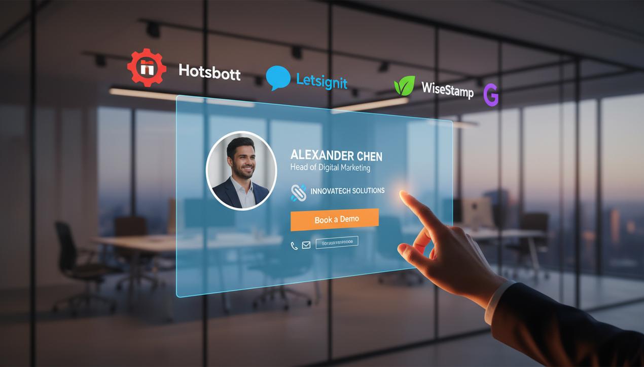 Une signature email professionnelle et moderne pour 2025 projetée sur une interface holographique, avec photo, logo et appel à l'action.