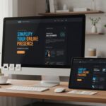 Vue détaillée d'une interface moderne de site one page en 2025 avec logos des outils populaires, ambiance professionnelle naturelle.