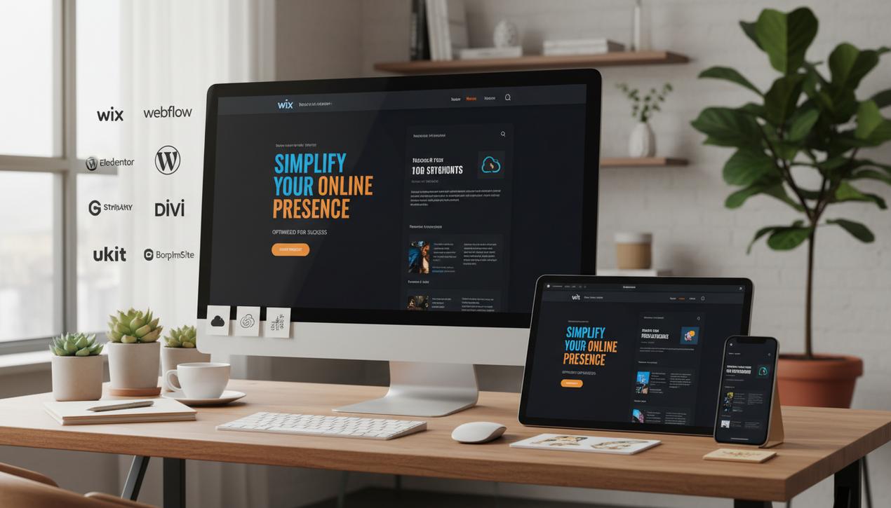 Vue détaillée d'une interface moderne de site one page en 2025 avec logos des outils populaires, ambiance professionnelle naturelle.
