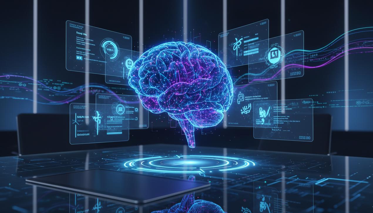 Illustration moderne d'un cerveau neuronal futuriste connecté à des écrans holographiques montrant les meilleurs sites gratuits de traduction en 2025.