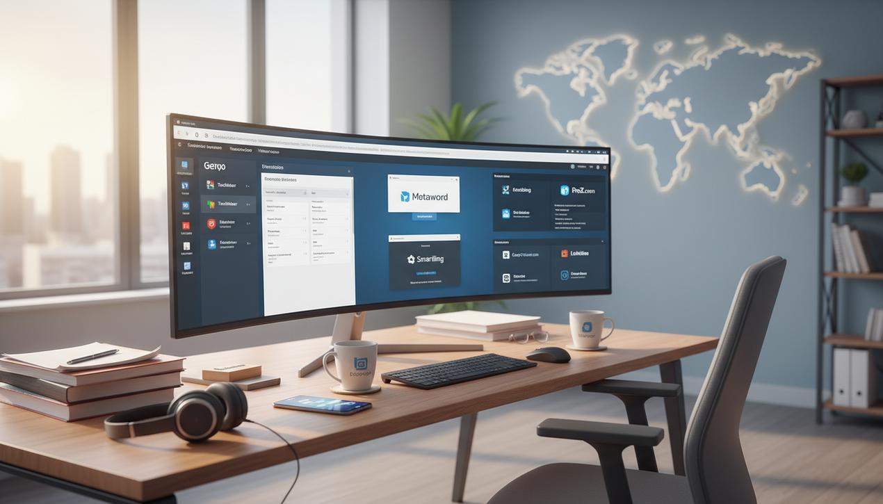 Un bureau moderne lumineux mettant en scène plusieurs plateformes de traduction professionnelle avec logos, documents bilingues et ambiance internationale.