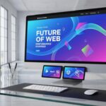Un bureau moderne lumineux avec un ordinateur affichant un site vitrine coloré et innovant intégrant micro-interactions et design 3D