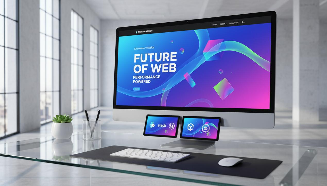 Un bureau moderne lumineux avec un ordinateur affichant un site vitrine coloré et innovant intégrant micro-interactions et design 3D