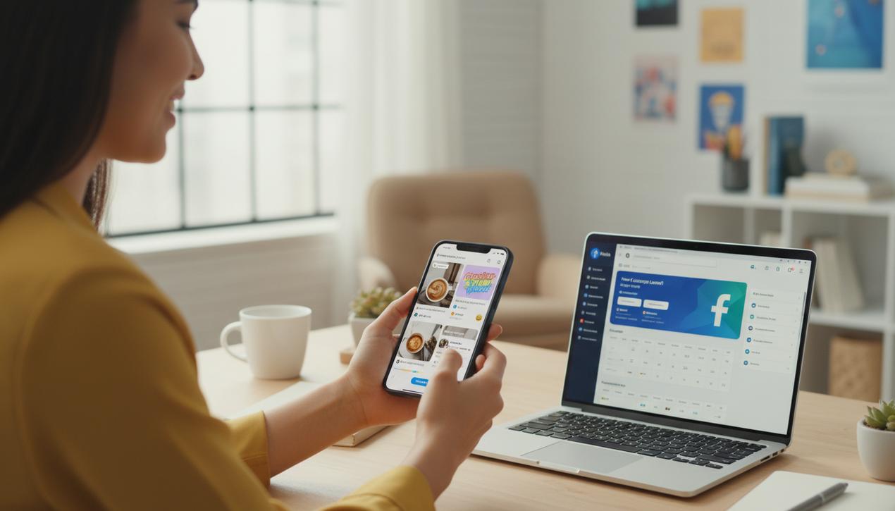 Un professionnel du marketing crée des stories Facebook interactives sur smartphone dans un bureau lumineux avec les logos Facebook et Meta visibles