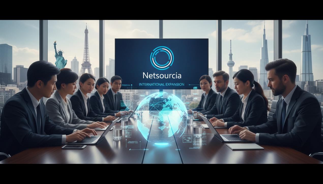 Professionnels divers réunis dans un bureau moderne discutant stratégies d'expansion internationale avec cartes et technologies avancées visibles.
