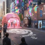 Scène urbaine animée en 2025 illustrant des techniques variées de street marketing avec logos intégrés et ambiance naturelle