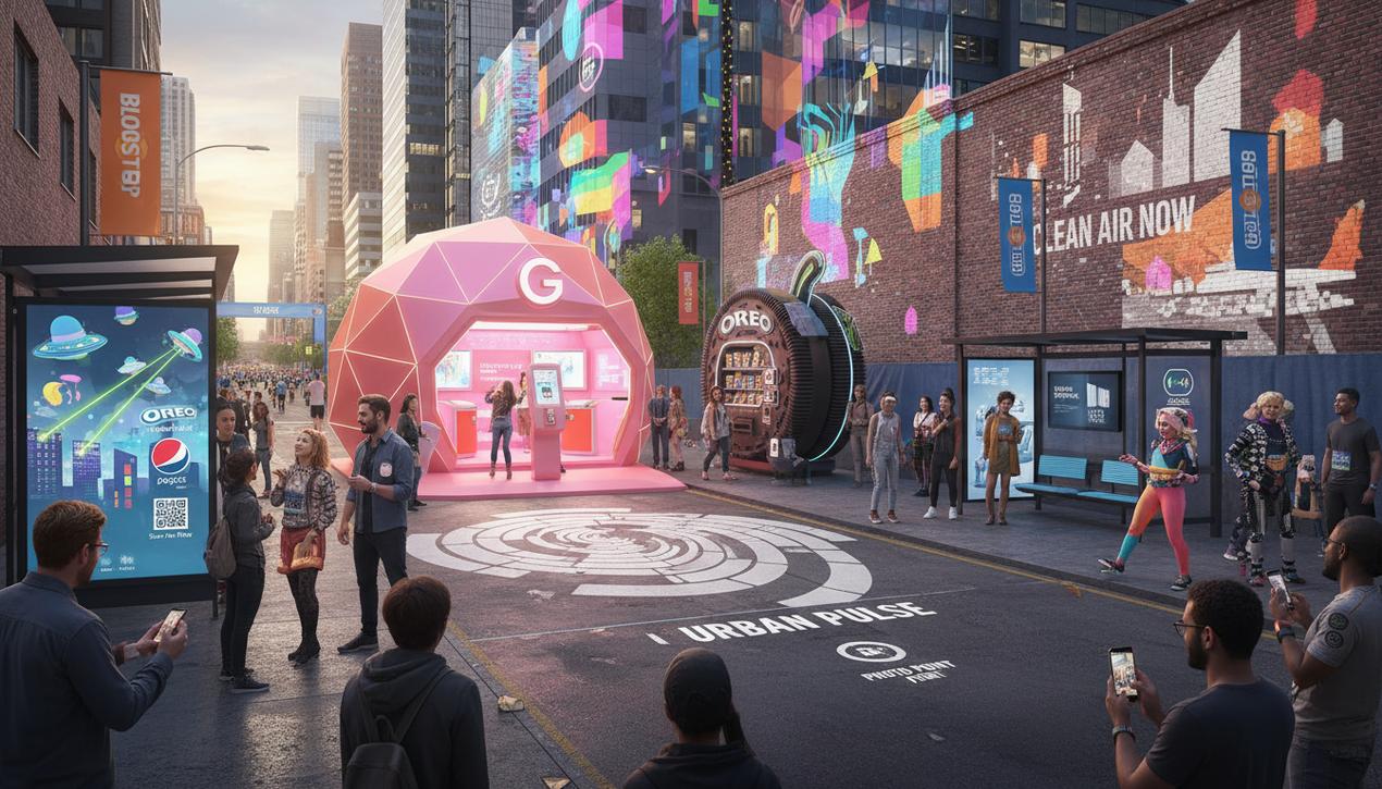 Scène urbaine animée en 2025 illustrant des techniques variées de street marketing avec logos intégrés et ambiance naturelle