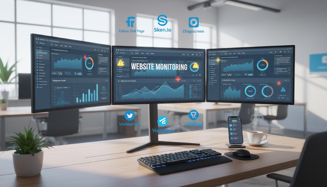 Poste de travail moderne en bureau lumineux montrant surveillance de site web avec tableaux de bord et logos des outils 2025