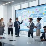 Espace de bureau moderne en 2025 avec tableau blanc virtuel collaboratif et logos des meilleures plateformes de travail hybride.
