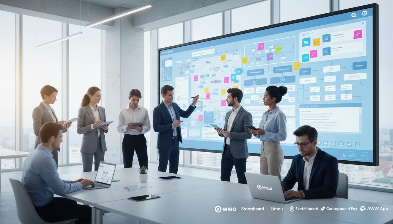 Espace de bureau moderne en 2025 avec tableau blanc virtuel collaboratif et logos des meilleures plateformes de travail hybride.