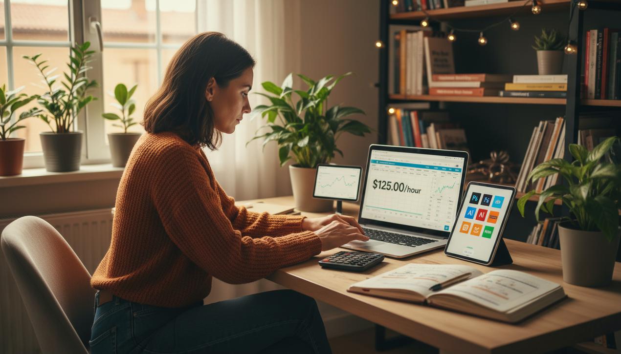 Espace de travail moderne d'un freelance calculant en 2025 son taux horaire avec ordinateur, notes, et outils numériques dans une ambiance chaleureuse et professionnelle.