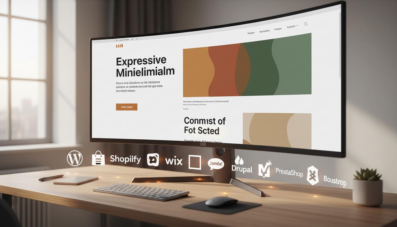 Un espace de travail moderne avec écran affichant un site responsive minimaliste expressif entouré des logos des principales plateformes web en 2025.