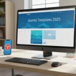 Un espace de travail moderne affichant un template Joomla responsive 2025 avec logos Joomla, Helix et Gantry dans un bureau lumineux et professionnel.