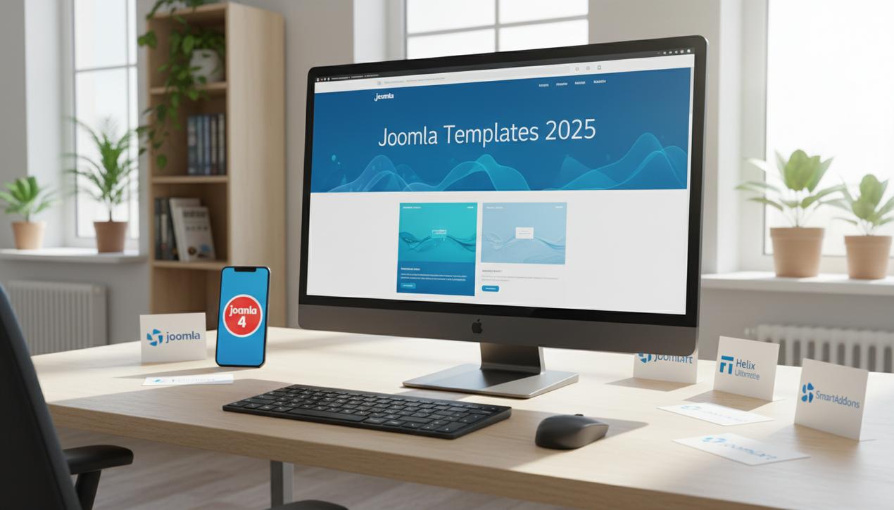 Un espace de travail moderne affichant un template Joomla responsive 2025 avec logos Joomla, Helix et Gantry dans un bureau lumineux et professionnel.