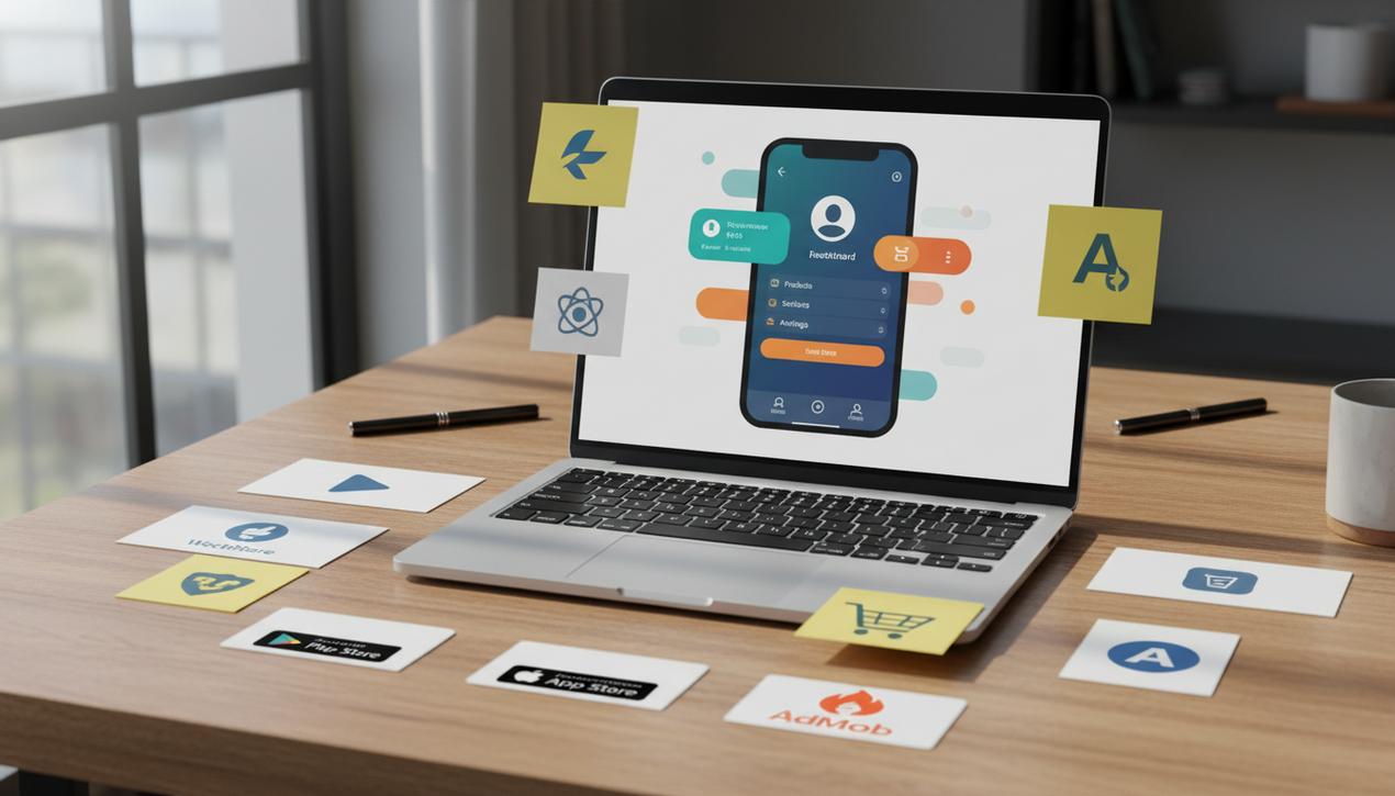 Un bureau moderne avec un ordinateur portable affichant une application mobile professionnelle et logos Flutter React Native Google Play et App Store sur un fond lumineux naturel