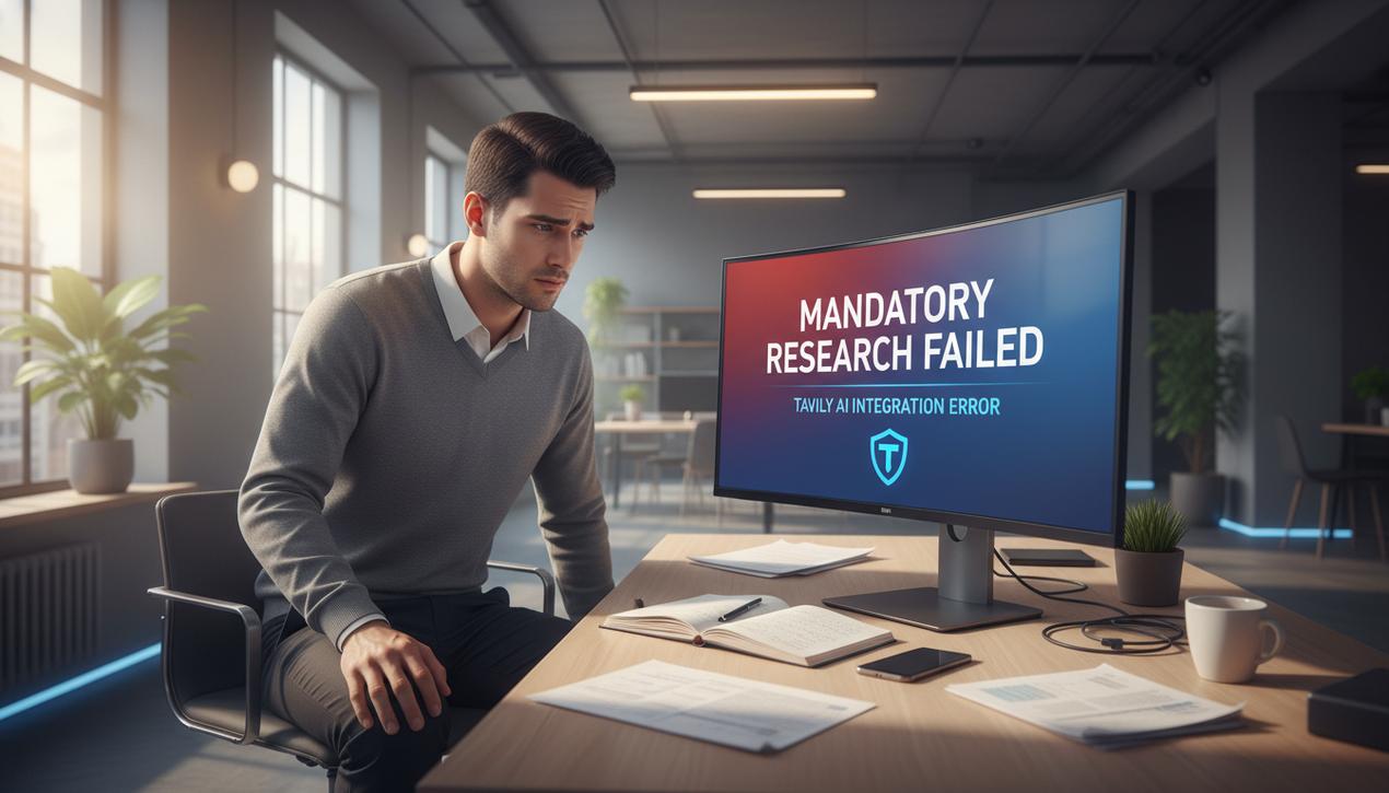 Un écrivain digital frustré au bureau face à un écran affichant l'échec de la recherche obligatoire avec Tavily en 2025.