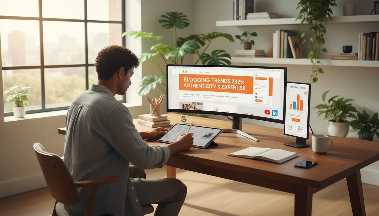 Bureau moderne et lumineux en 2025 avec un créateur de contenu blog discutant des tendances du blogging et outils SEO