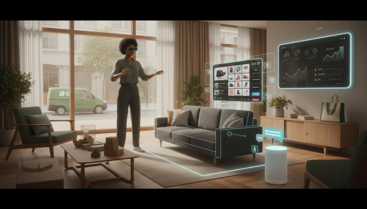 Scène immersive illustrant les tendances e-commerce 2025 avec réalité augmentée, IA, social commerce et logistique durable dans un salon moderne.