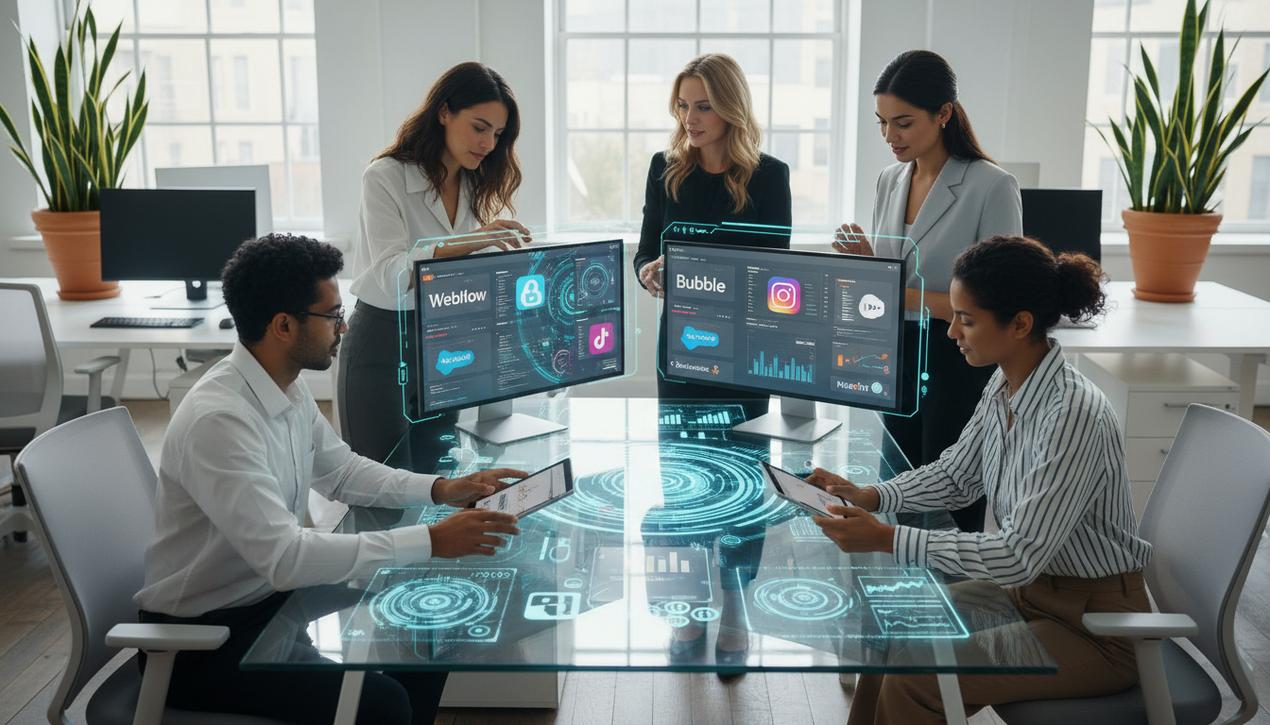 Equipe marketing diverse utilisant outils intelligents et plateformes digitales en bureau moderne lumineux symbolisant tendance convergente en 2025.