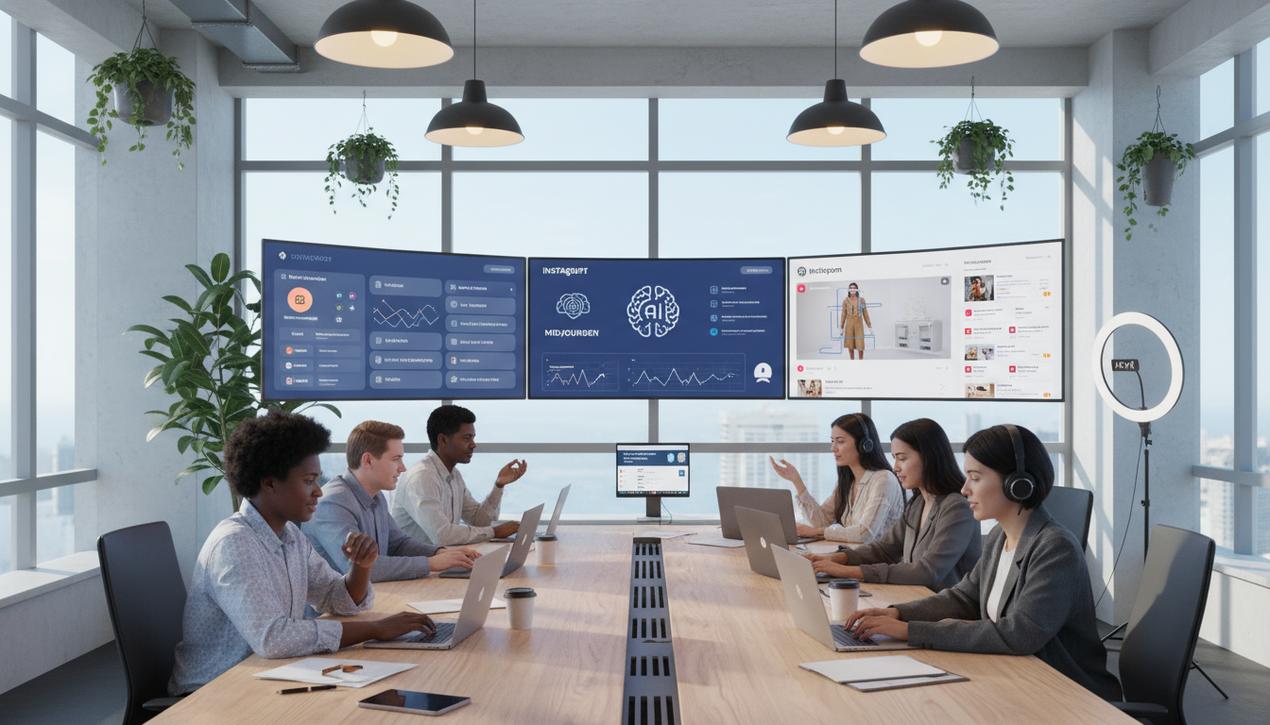 Espace de travail moderne en 2025 illustrant l'intégration de l'intelligence artificielle et du social commerce dans les réseaux sociaux.