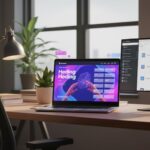 Un espace de travail moderne lumineux avec un écran affichant un site web immersif en 2025 incluant IA, personnalisation, couleurs vives, 3D interactive et logos Google, WordPress, Webflow.