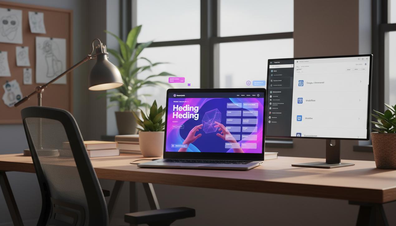 Un espace de travail moderne lumineux avec un écran affichant un site web immersif en 2025 incluant IA, personnalisation, couleurs vives, 3D interactive et logos Google, WordPress, Webflow.