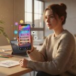 Un créateur utilise un smartphone dans un espace lumineux et moderne pour créer une story Instagram colorée avec divers effets de texte et logos d'outils créatifs.