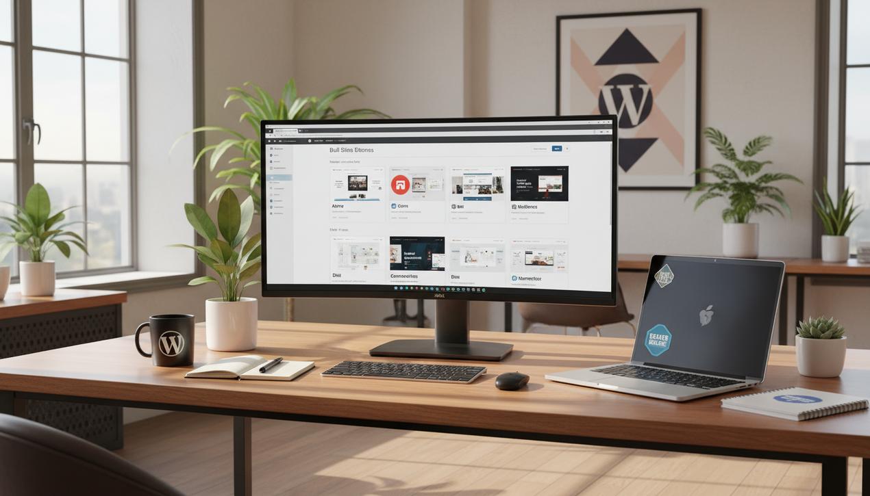 Un bureau moderne lumineux avec un écran affichant une sélection de thèmes WordPress professionnels et logos d'outils reconnus.