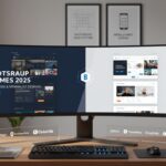 Espace de travail moderne avec écran affichant des thèmes Bootstrap 2025, logos de plateformes populaires et ambiance lumineuse naturelle.