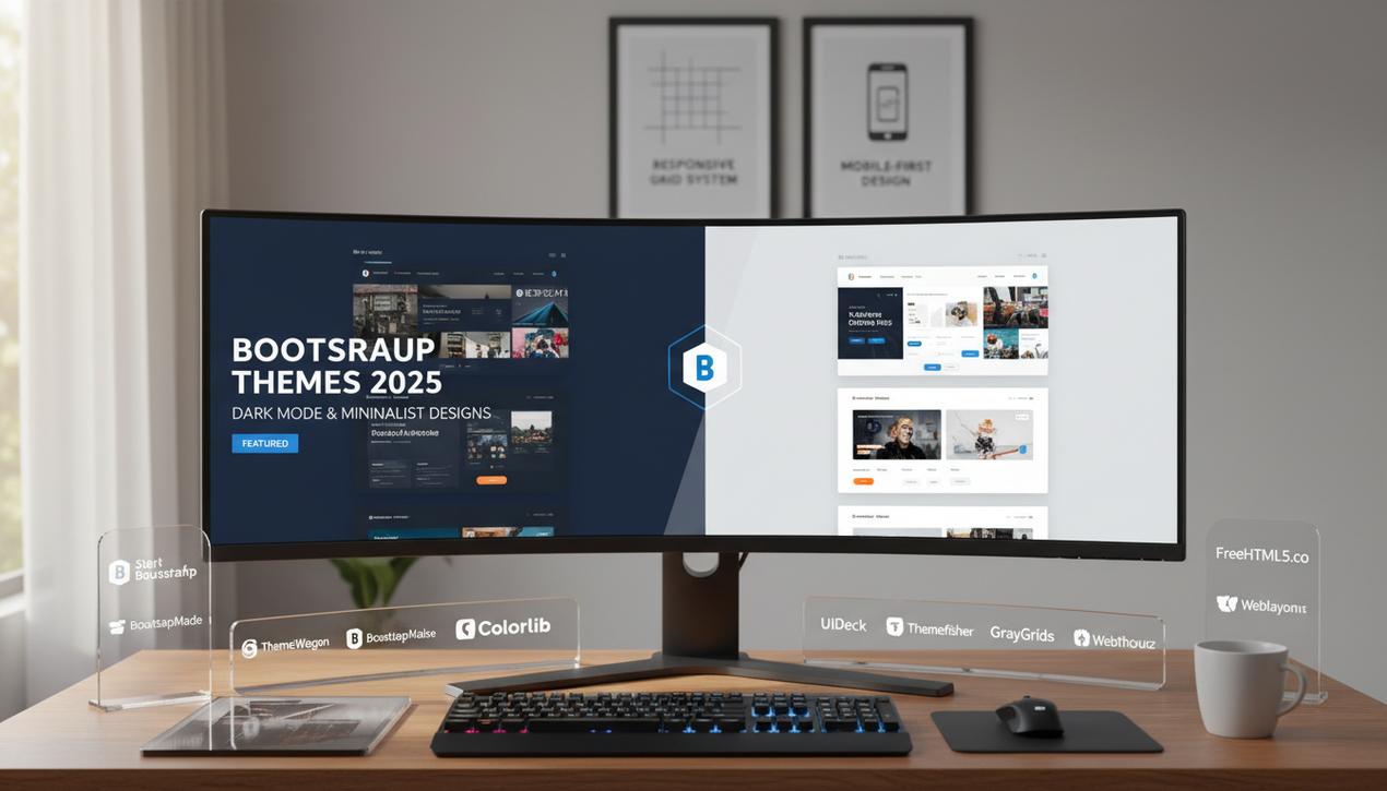 Espace de travail moderne avec écran affichant des thèmes Bootstrap 2025, logos de plateformes populaires et ambiance lumineuse naturelle.