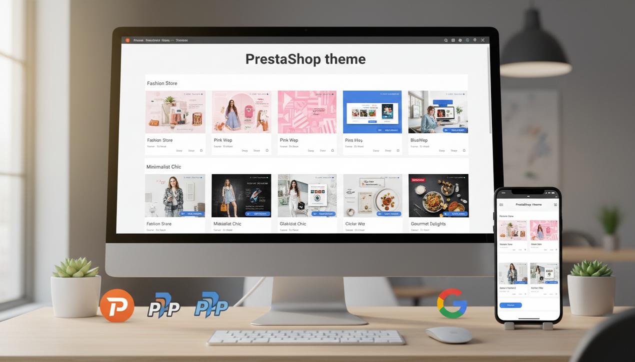 Interface moderne d'un site e-commerce PrestaShop en 2025 montrant la sélection des 18 thèmes gratuits adaptés mobile avec optimisation SEO et design épuré.