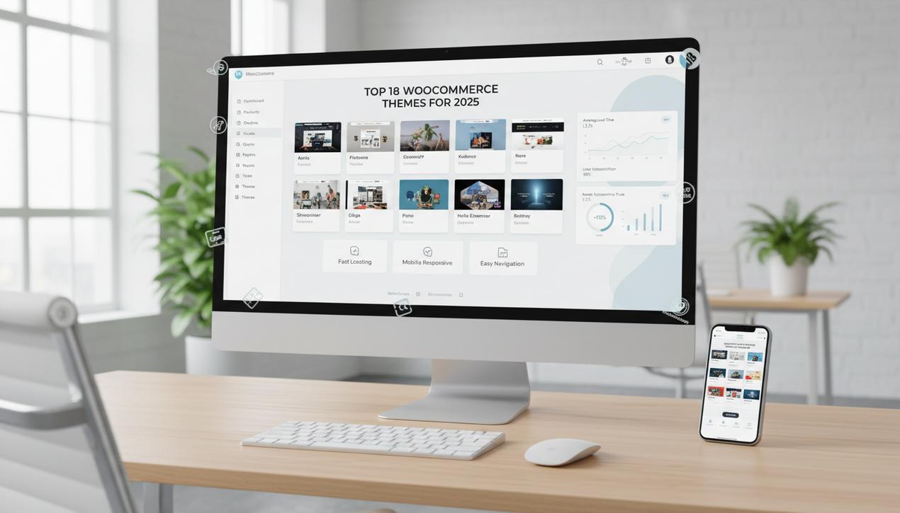 Vue d'un tableau de bord professionnel WooCommerce affichant les 18 meilleurs thèmes en 2025, avec logos et interface épurée.