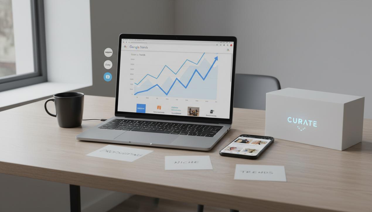 Bureau lumineux en 2025 montrant ordinateur portable avec graphiques Google Trends, smartphone avec réseaux sociaux, logos Amazon Etsy Cdiscount et une boîte d'abonnement stylée.