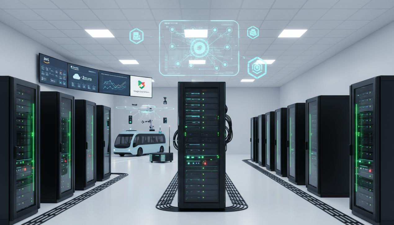 Salle de serveurs moderne en 2025 avec serveurs physiques, virtuels, logos AWS Azure GCP, edge computing, IoT et véhicules autonomes connectés.
