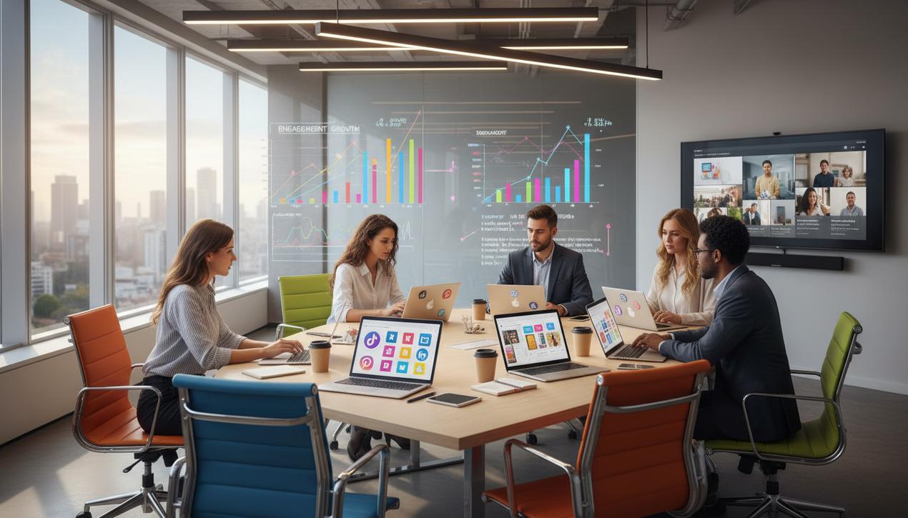 Professionnels collaborant dans un bureau lumineux avec ordinateurs affichant logos Instagram, TikTok et Facebook pour stratégies de vente sur réseaux sociaux en 2025.