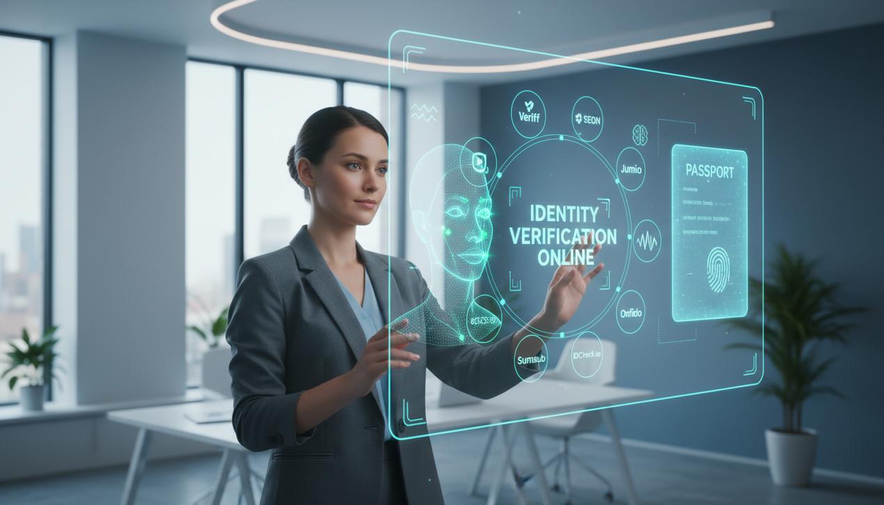 Scène moderne d'une femme utilisant la vérification d'identité en ligne en 2025 avec interface digitale et logos d'outils principaux.