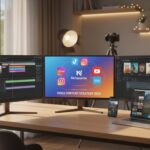 Espace de travail moderne avec ordinateurs affichant montage vidéo, logos d'outils populaires et vidéos 4K en format vertical 2025.