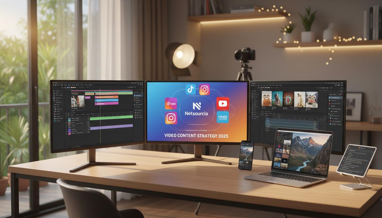 Espace de travail moderne avec ordinateurs affichant montage vidéo, logos d'outils populaires et vidéos 4K en format vertical 2025.